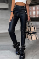 Pantalones pitillo de cintura alta con botones sólidos casuales negros