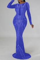 Blaues sexy festes Patchwork-durchsichtiges Hot Drill O-Neck-Abendkleid-Kleider