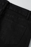Schwarze, lässige, solide Patchwork-Schlitz-Jeans mit hoher Taille und regulärer Denim