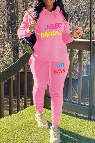 Pink Street Letter Print Hooded Collar Long Sleeve Sweatshirt And Pants Sportwear Two Piece Jogger Set