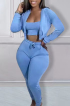 Light Blue Casual Solid Patchwork Hooded Collar Long Sleeve Three Pieces Bra Tops Jackets And Skinny Pants Sets