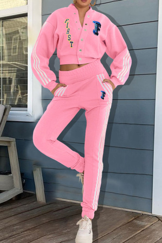 Pink Casual Letter Print Patchwork V Neck Long Sleeve Two Pieces