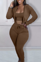 Brown Casual Solid Patchwork Hooded Collar Long Sleeve Three Pieces Bra Tops Jackets And Skinny Pants Sets