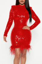 Rouge Sexy Paillettes Solides Patchwork Plumes O Cou Robes Jupe Crayon