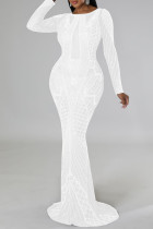 Белое сексуальное однотонное прозрачное вечернее платье с круглым вырезом в стиле пэчворк
