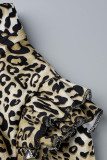 Estampado de leopardo Estampado casual Patchwork Volante Cuello con cremallera Prendas de abrigo