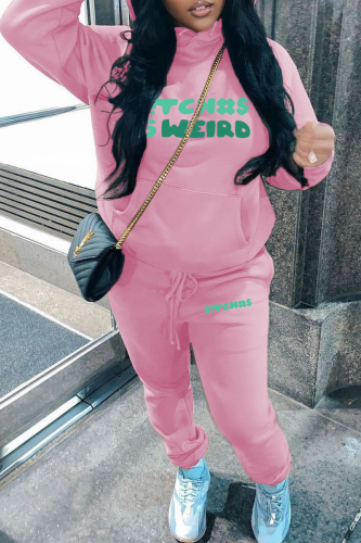 Pink Street Print Letter Hooded Collar Long Sleeve Sweatshirt And Pants Sportwear Two Piece Jogger Set