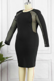 Черные повседневные прозрачные платья больших размеров в стиле пэчворк с круглым вырезом и длинным рукавом