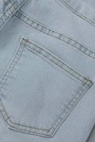 Diepblauwe casual effen patchwork hoge taille regular denim jeans