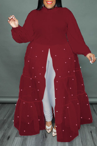 Red Casual Solid Patchwork Buckle Pearl Turndown Collar Shirt Dress Plus Size Dresses