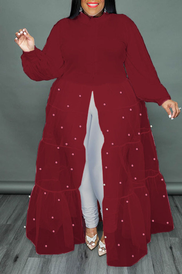 Красное повседневное однотонное платье-рубашка в стиле пэчворк с жемчужной пряжкой и отложным воротником Платья больших размеров