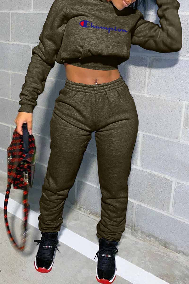 

Army Green Street Print Letter Hooded Collar Long Sleeve Two Pieces