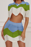 Green Sexy Striped Print Hollowed Out Patchwork Asymmetrical Turndown Collar Short Sleeve Two Pieces