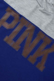 Deux pièces décontractées col à capuche patchwork imprimé lettre manches longues bleu