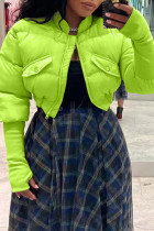 Prendas de abrigo de cuello mandarín de rebeca de patchwork sólido casual verde fluorescente