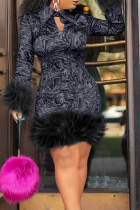 ブラック パーティー プリント フェザー ターンダウン カラー ペンシル スカート ドレス