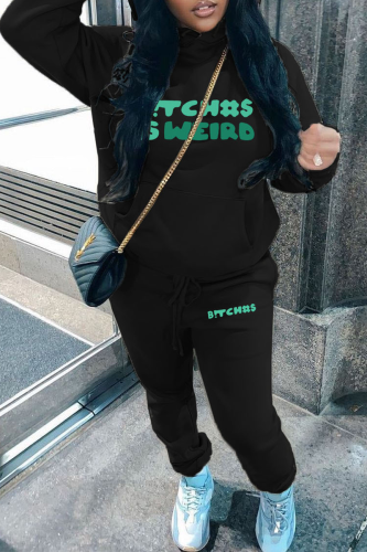 Black Street Print Letter Hooded Collar Long Sleeve Sweatshirt And Pants Sportwear Two Piece Jogger Set