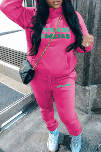 Rose Red Street Print Letter Hooded Collar Long Sleeve Sweatshirt And Pants Sportwear Two Piece Jogger Set