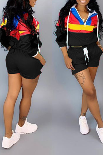 Black Street Solid Draw String Hooded Collar Short Sleeve Two Pieces