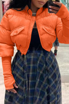 Оранжевый повседневный однотонный лоскутный кардиган с воротником-стойкой Верхняя одежда