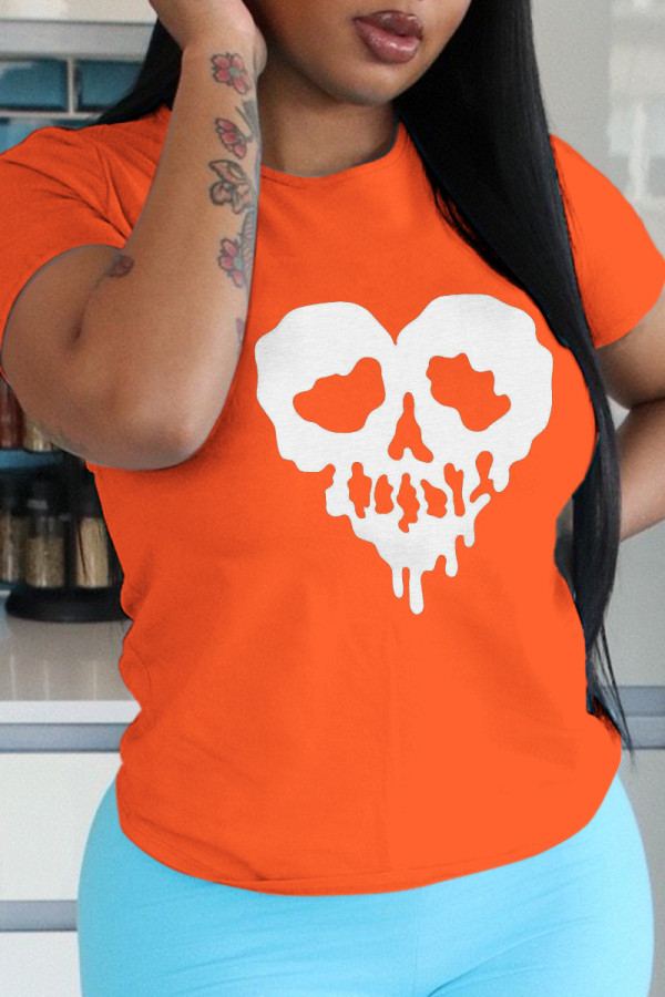 Orangefarbene T-Shirts mit O-Ausschnitt und lässigem Party-Print, Totenkopf-Patchwork