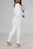 Weiße lässige Sportbekleidung Solide Patchwork V-Ausschnitt Langarm Zweiteiler