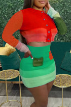 Colletto cardigan con fibbia casual patchwork verde rosso manica lunga due pezzi