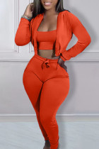 Tangerine Red Casual Solid Patchwork Hooded Collar Long Sleeve Three Pieces Bra Tops Jackets And Skinny Pants Sets
