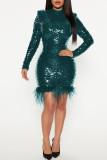Green Sexy Solid Sequins Patchwork Feathers O Neck Pencil Skirt Dresses