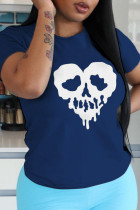 Marineblauwe casual T-shirts met schedelprint en O-hals met patchwork