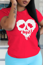 Röda Casual Party Print Skull Patchwork O-hals T-shirts