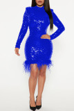 Bleu Sexy Paillettes Solides Patchwork Plumes O Cou Robes Jupe Crayon