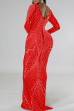 Röd Sexig Solid Patchwork Genomskinlig Hot Drill O Neck Aftonklänning Klänningar