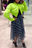 Флуоресцентный зеленый повседневный сплошной лоскутный кардиган с воротником-стойкой Верхняя одежда