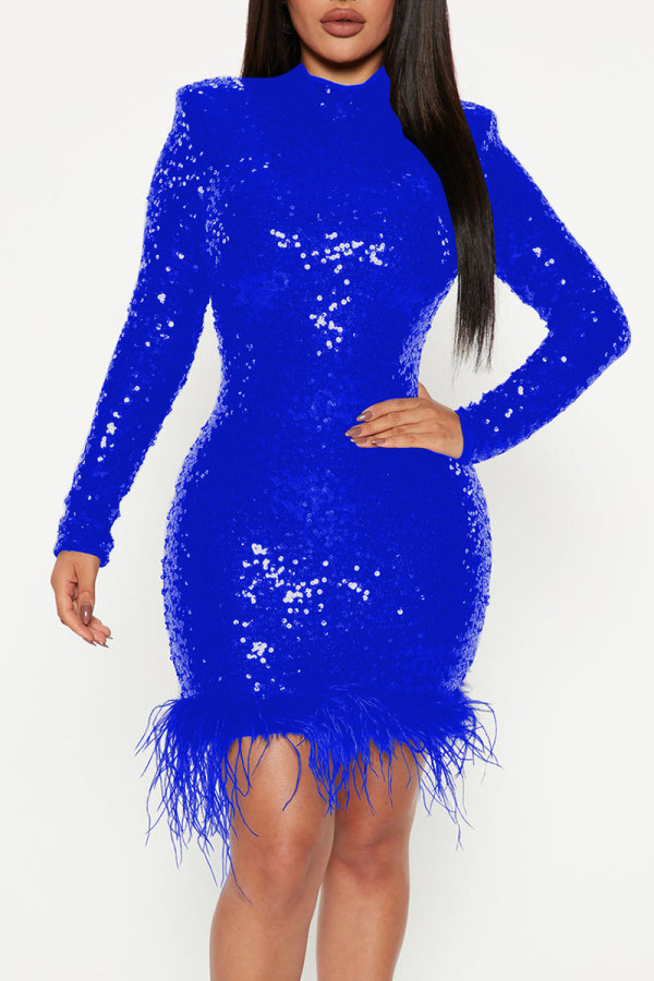 Bleu Sexy Paillettes Solides Patchwork Plumes O Cou Robes Jupe Crayon