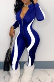 Royal Blue Casual Gestreepte Patchwork Rits Kraag Plus Size Jumpsuits