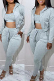 Blue Casual Solid Patchwork Hooded Collar Long Sleeve Three Pieces Bra Tops Jackets And Skinny Pants Sets