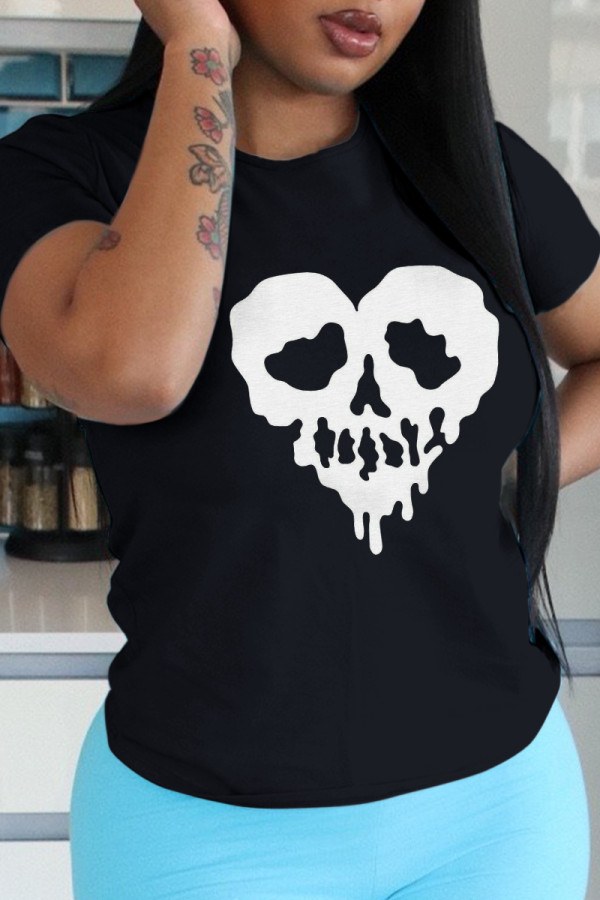 Schwarze, lässige Party-Print-Totenkopf-Patchwork-T-Shirts mit O-Ausschnitt