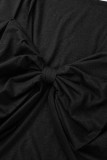 Patchwork uni décontracté noir avec noeud col en V manches longues deux pièces