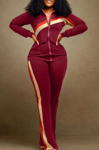 Burgundy Casual Solid Patchwork Zipper Collar Long Sleeve Two Pieces