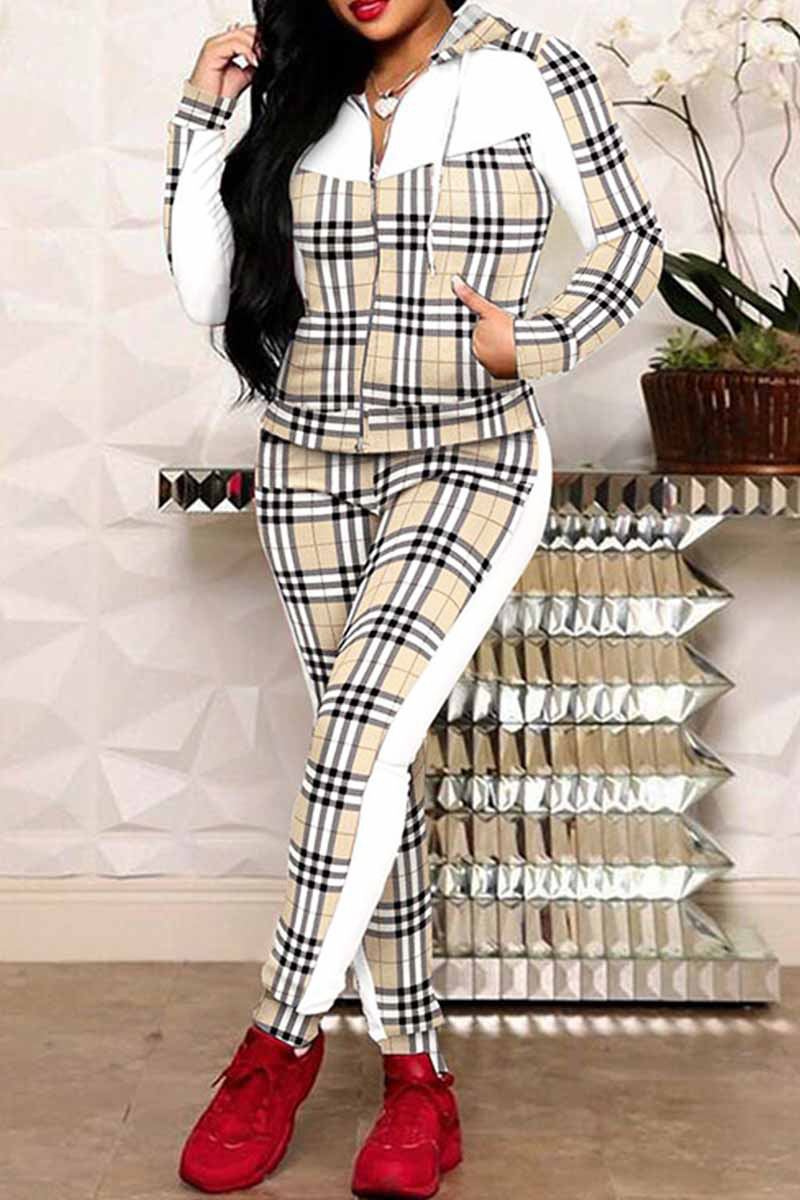 

White Elegant Plaid Patchwork Hooded Collar Long Sleeve Two Pieces