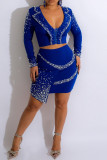 Blue Sexy Patchwork Hot Drill V Neck Long Sleeve Two Pieces