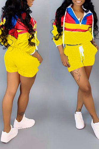 Yellow Street Solid Draw String Hooded Collar Short Sleeve Two Pieces