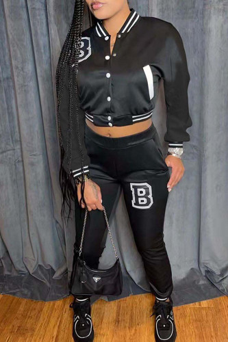 Black Casual Letter Patchwork O Neck Long Sleeve Two Pieces