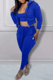 Blue Casual Solid Patchwork Hooded Collar Long Sleeve Three Pieces Bra Tops Jackets And Skinny Pants Sets