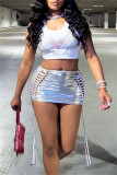 Silver Sexy Casual Solid Hollowed Out Skinny Mid Waist Skirt