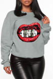 Black Casual Street Lips Printed Patchwork O Neck Tops
