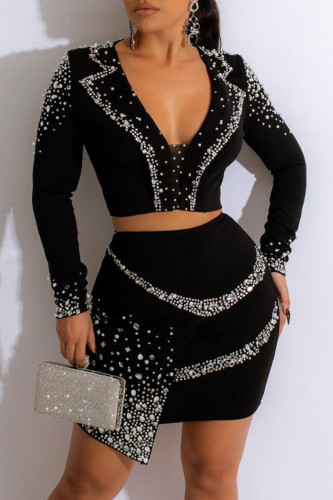 Black Sexy Patchwork Hot Drill V Neck Long Sleeve Two Pieces