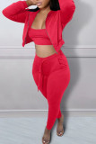 Red Casual Solid Patchwork Hooded Collar Long Sleeve Three Pieces Bra Tops Jackets And Skinny Pants Sets