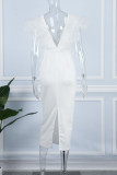 Vestidos de saia de um passo branco elegante de patchwork sólido com decote em V